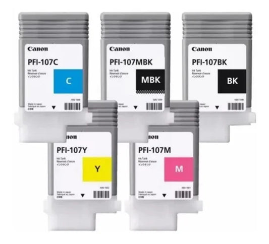 Kit Completo Tintas Canon PFI-107 Original 130ml para Plotter imagePROGRAF iPF670, iPF680, iPF770 e iPF780 – MBK, BK, C, M e Y