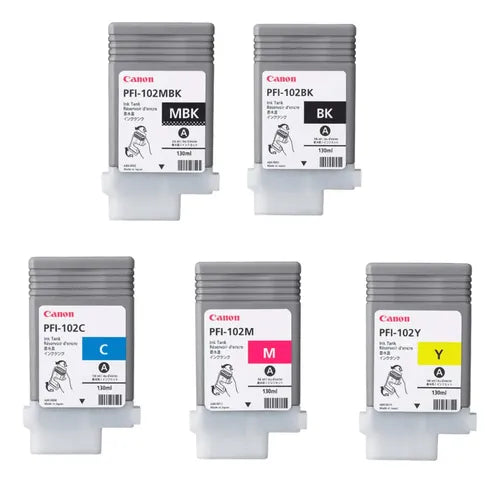 Kit Completo Tintas Canon PFI-102 Original 130ml para Plotter imagePROGRAF iPF500, iPF700 e iPF710 – MBK, BK, C, M e Y